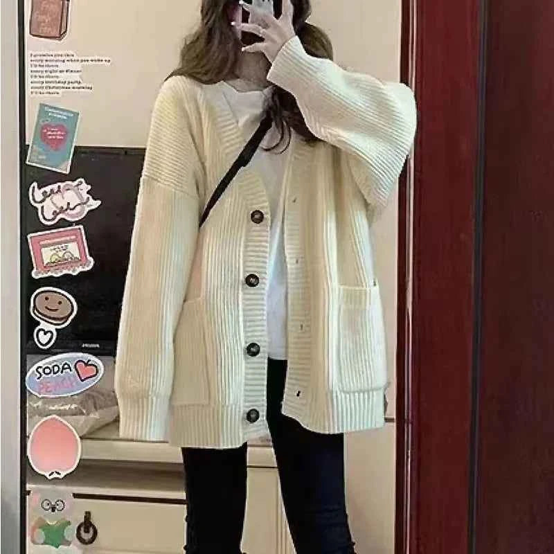 Korean version V-collar lazy wind cardigan Japanese department simple sweater female spring and autumn winter casual loose knit