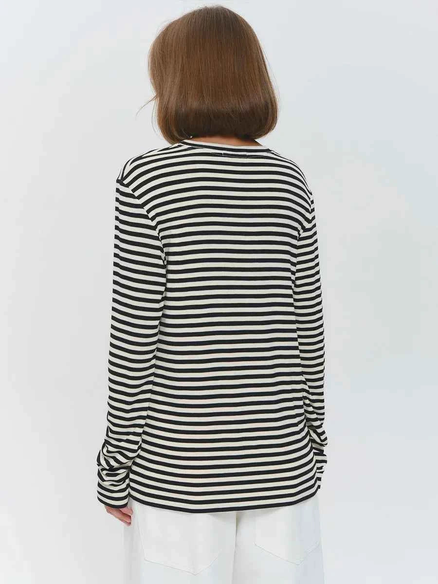 Bornladies Autumn New Fashion Women Cotton Striped Long Sleeve T Shirt Office Casual Simple Round Neck Pullover Tops & Tees
