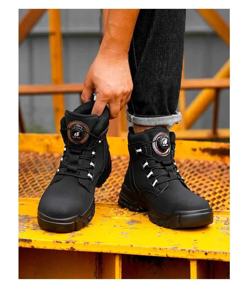 Leather Non Slip Work Boots for Men Rotating Button Safety Shoes Steel Toe Sneaker Male Puncture Proof Protective Boots