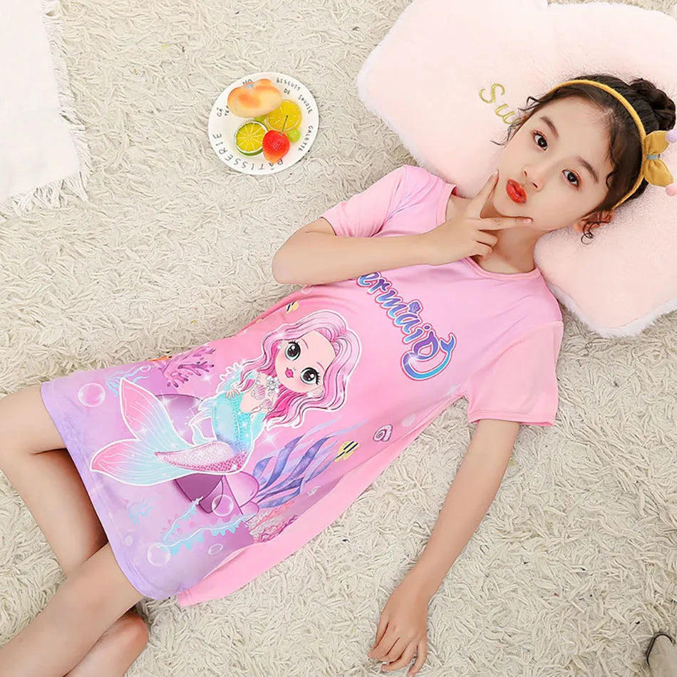 Girl Mermaid Dress Children Short Sleeve Summer Princess Dress Breathable Cartoon Print Girls Soft Silk Nightgown Kids Sleepwear