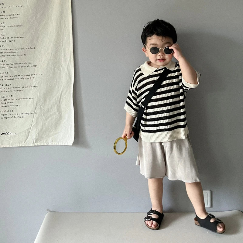 Spring and Summer Japanese Korean 1-6Y Children's Hollow Knitted Shirts Stylish Girl's Boy's Striped Short Sleeved T-shirts