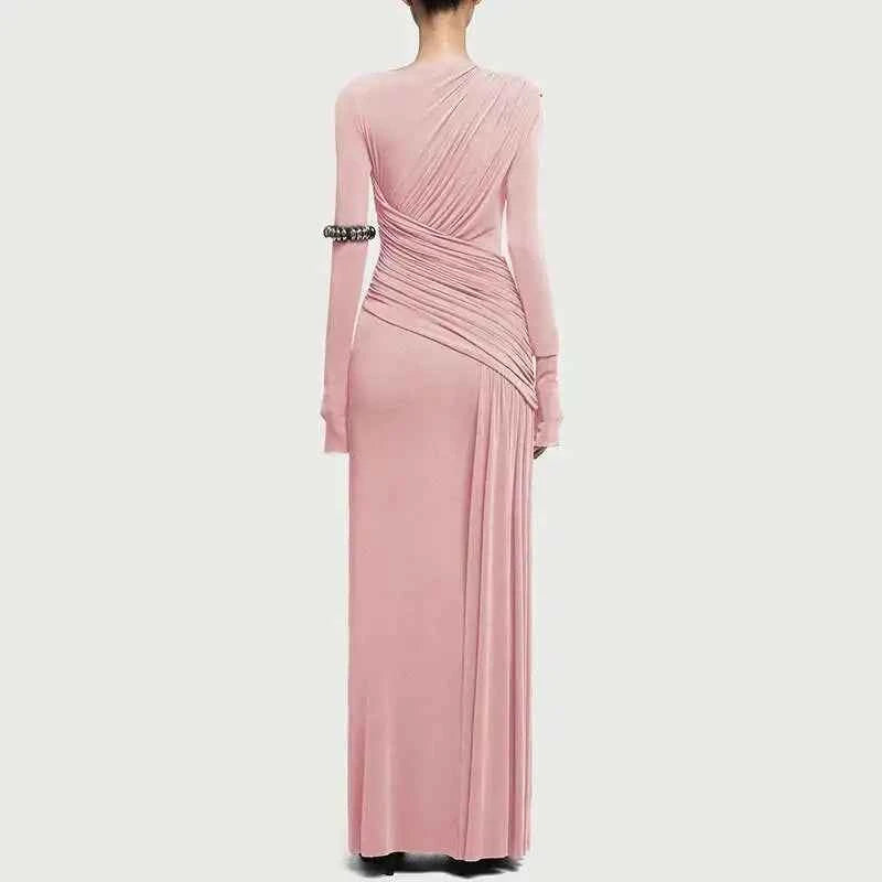QMQA Fashion Women's Asymmetric Pleated Elegant Dress Solid Color Long Sleeve High Waist Slimming Party Dresses 2025 New QM519