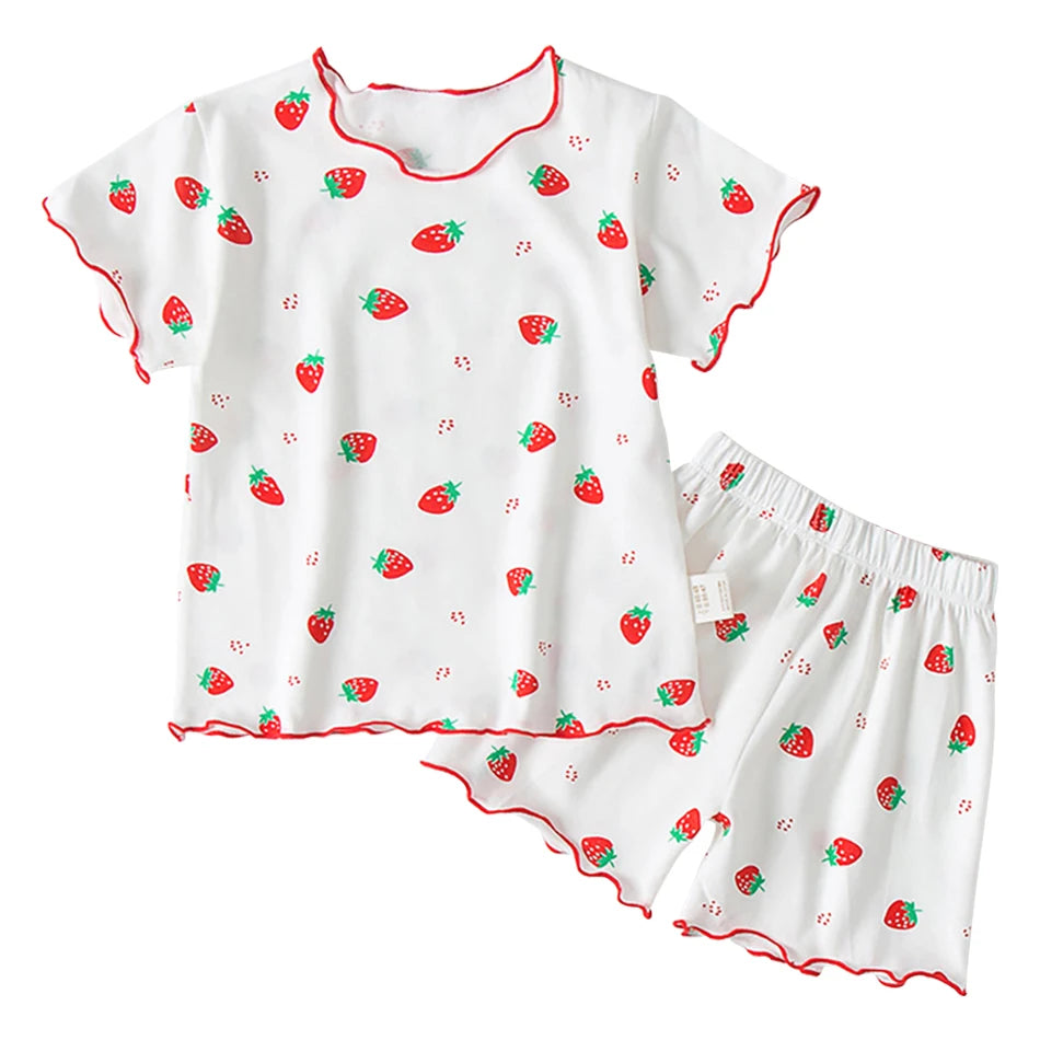 Baby Girl Strawberry Pajamas Set Summer Short Sleeve Thin Two Piece Toddler Kids Sleepwear Infant Home Wear Clothes
