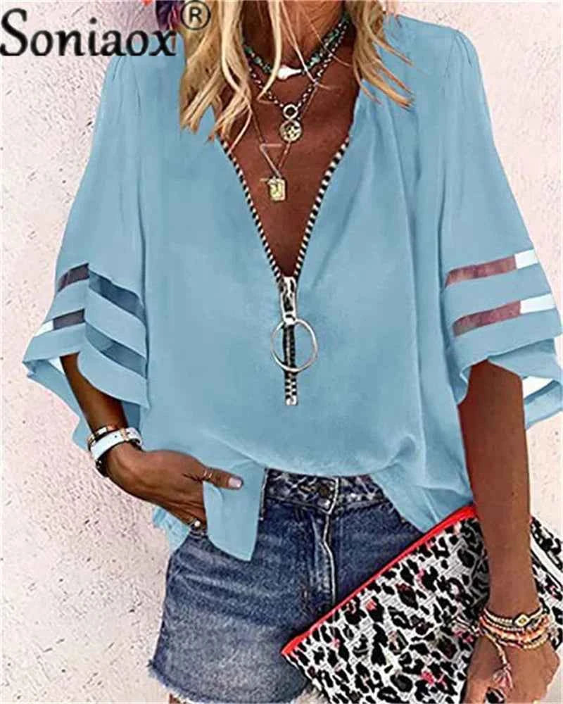 Sexy Lace Patchwork Flared Sleeve Mesh Solid Shirt Blouse 2022 Summer Women Zipper V-Neck Loose Casual Tops T-Shirt Streetwear