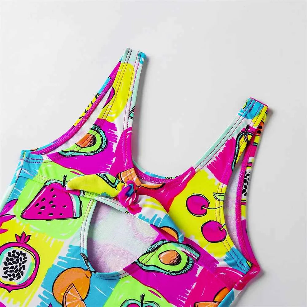 Girls' one-piece cartoon print swimsuit, children's polka-dot animal one-piece swimsuit with hollow back, beach wear