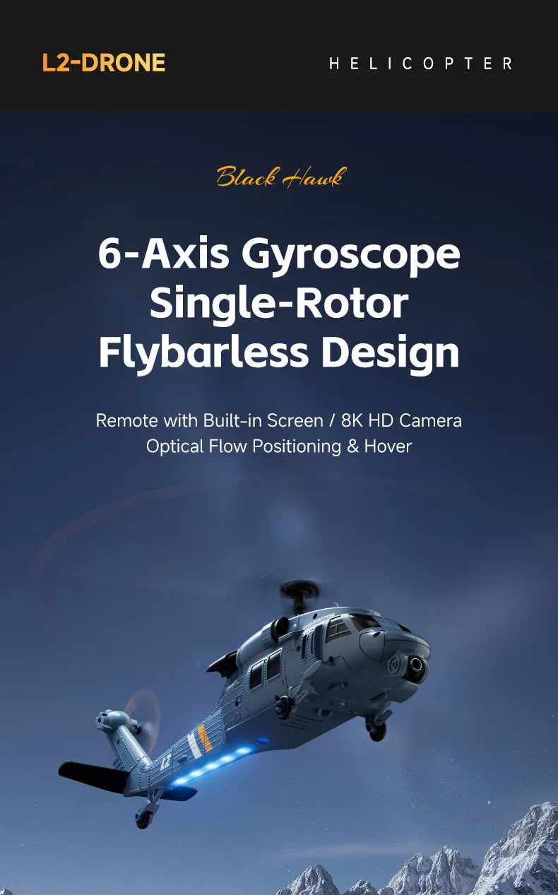 4DRC L2 RC Helicopter 8K Aerial Camera Builtin Screen Remote Control 6Axis Gyro Single Blade Black Hawk Apache Military For Boys
