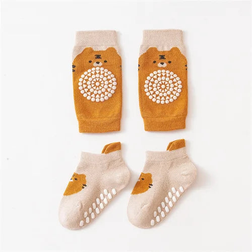 Kids Baby Anti-slip Cartoon Knee Pads Socks Sets Thin Cotton Mesh Crawling Knit Knee Pads Infant Toddler Floor Socks For 0-3 Yrs