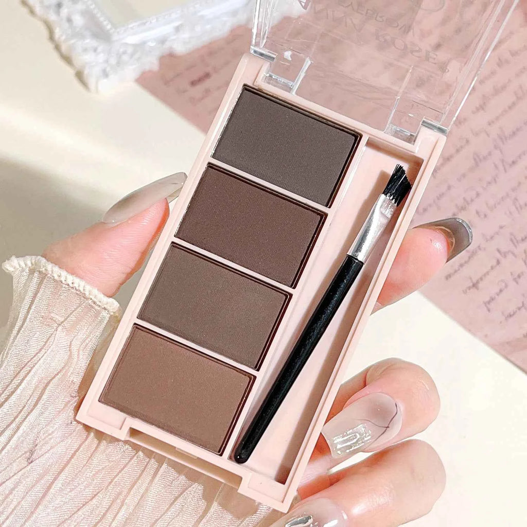 A set of 4-color eyebrow powder trays with brushes in gray and brown matte tones for long-lasting color rendering, filling and s