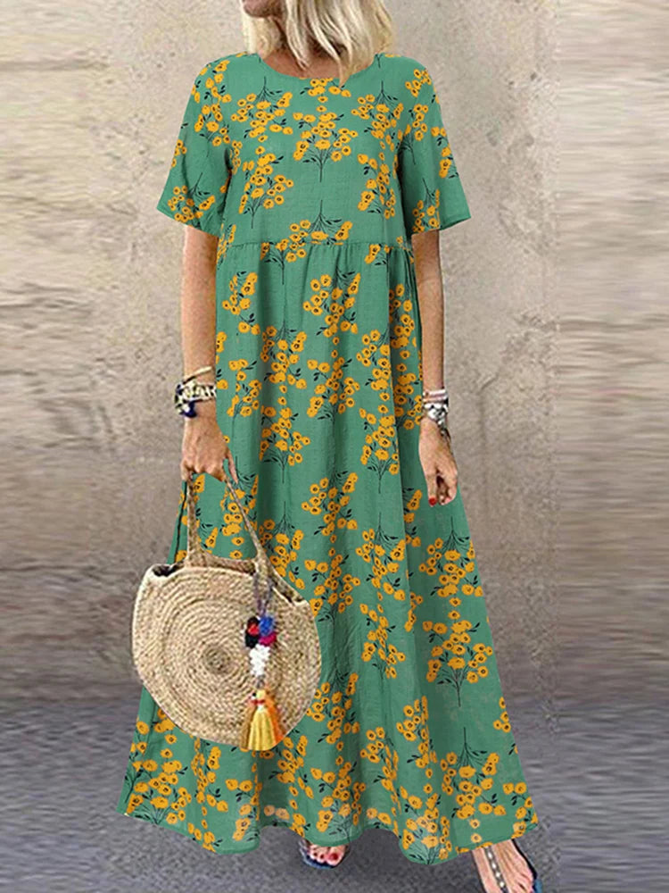 ZANZEA Summer Maxi Dress Women's Vintage Printed Sundress Casual Loose Short Sleeve Vestidos Vacation High Waist Robe Femme 2024