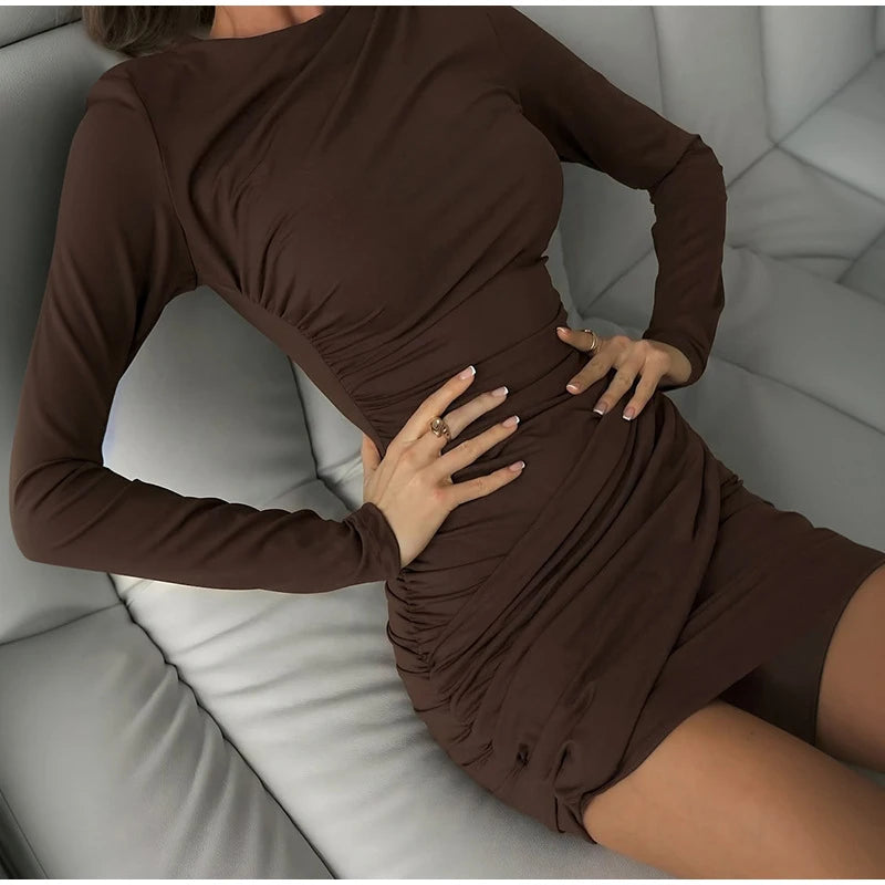 Casual Solid Pleated Bodycon Mini Dress Women Sexy Long Sleeve Waist-cinching Irregular Dresses 2026 Lady Chic Party Club Robe