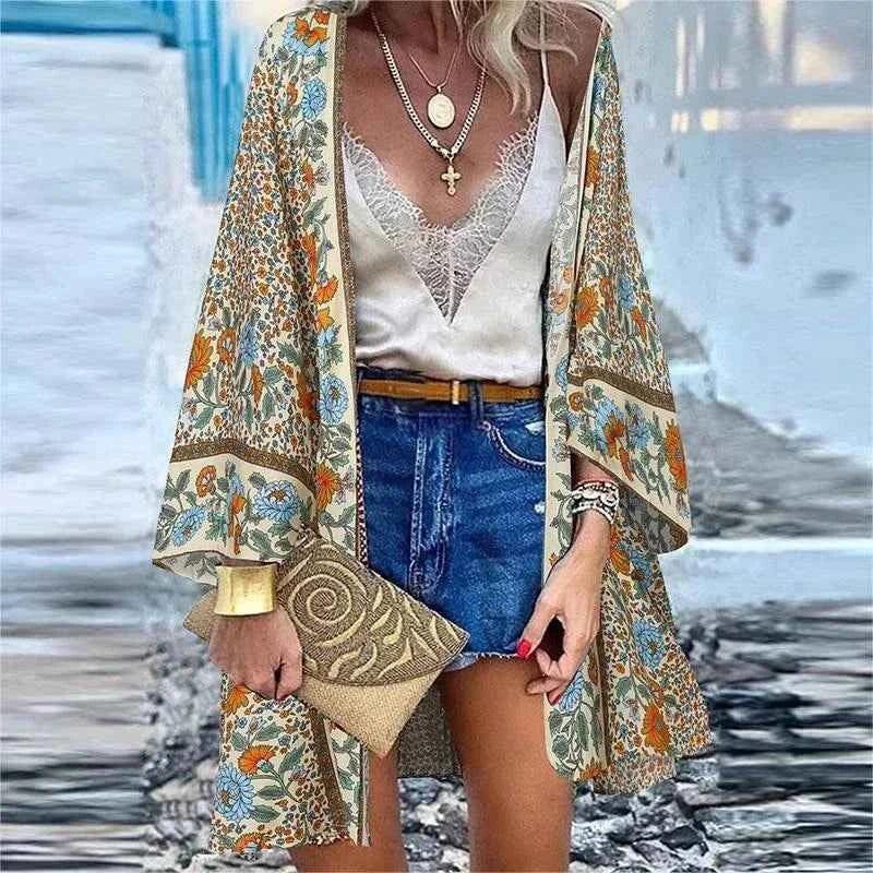 New Summer Bohemian Beach Printed Cardigan Jacket Long Sleeve Leisure Holiday Beach Swimsuit Blouse Shawl Long Coat M-5XL