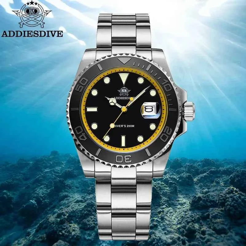 ADDIESDIVE Top Brand Mens Quartz Watches 41mm Stainless Steel Calendar Display Luxury Watch Luminous 200m Dive Casual Wristwatch