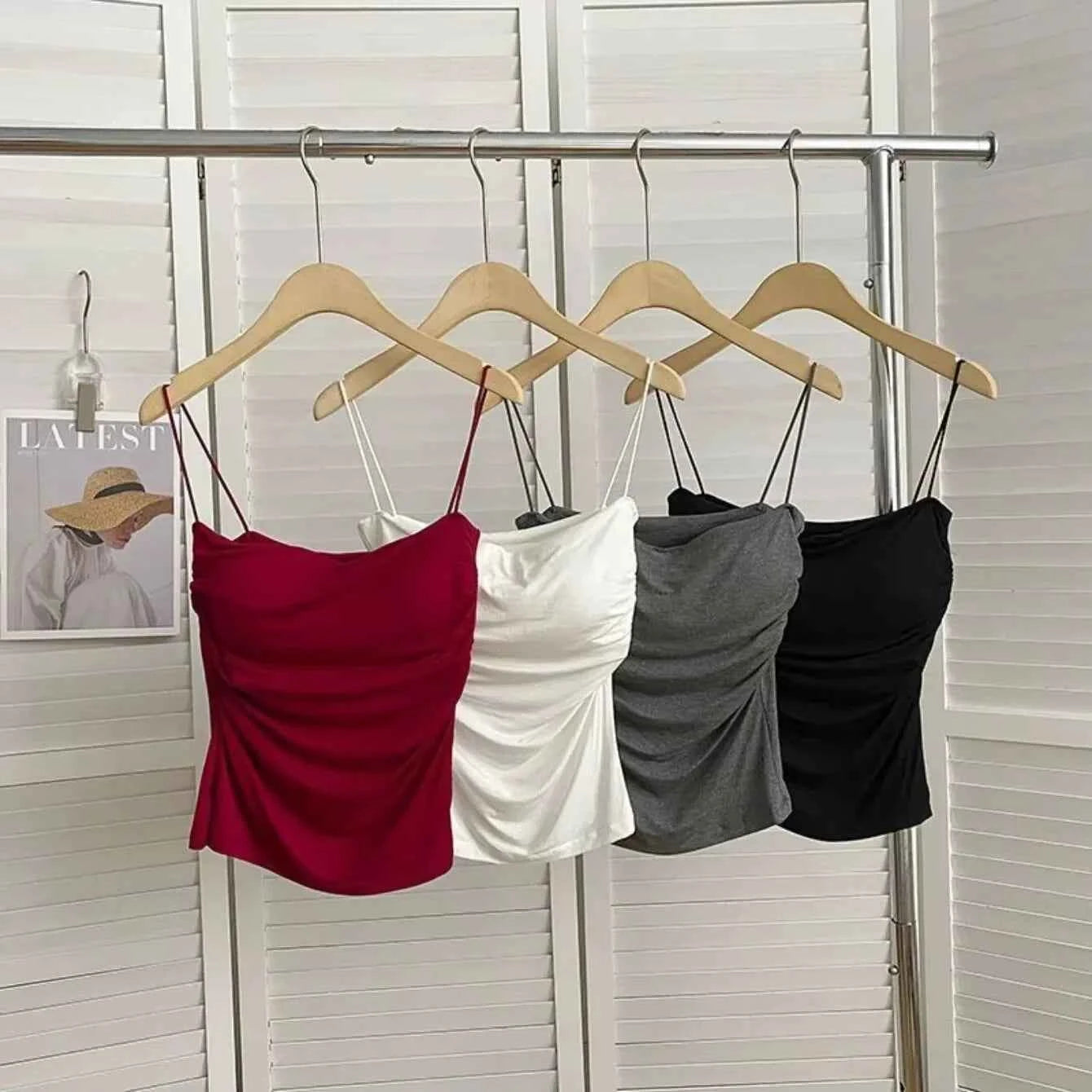 Sexy Short Top With Thin Straps Plain White Tank Top Korean Style Women's Sleeveless Top Tank Underwear Fitted Camisole