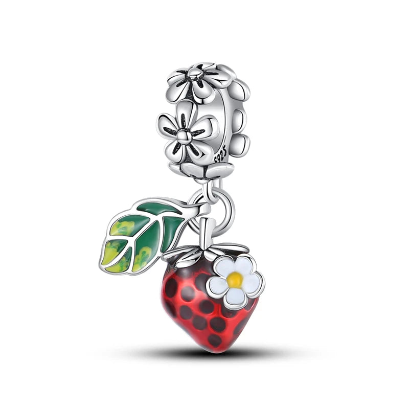 New 925 Silver Color Strawberry Cherry Fruit Series Charms Beads Fit 3mm 925 Original Bracelets DIY Birthday Jewelry Gifts