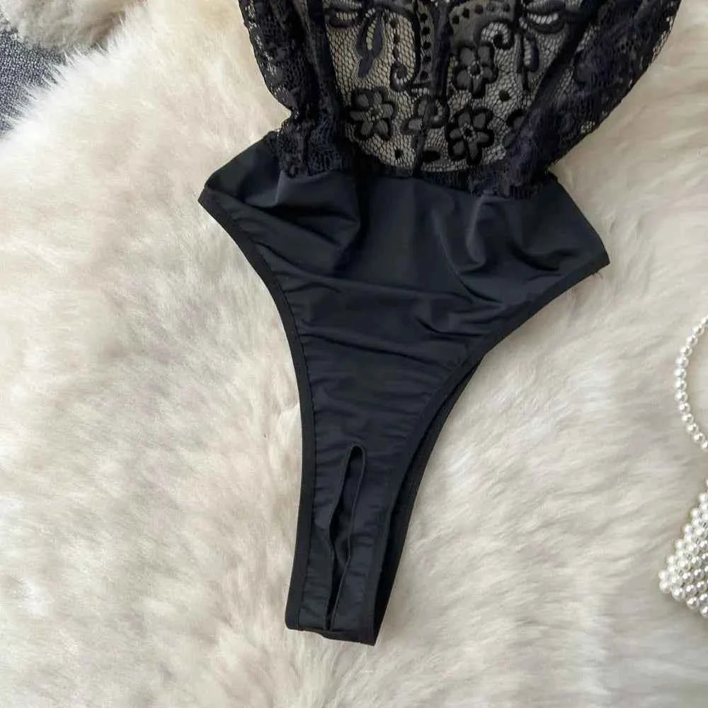 Women's V-neck Sexy Elegant Lace Camisole Jumpsuit Hollowed Transparent Tight Fitting Pajama Adjustable Shoulder Straps Hotsweet