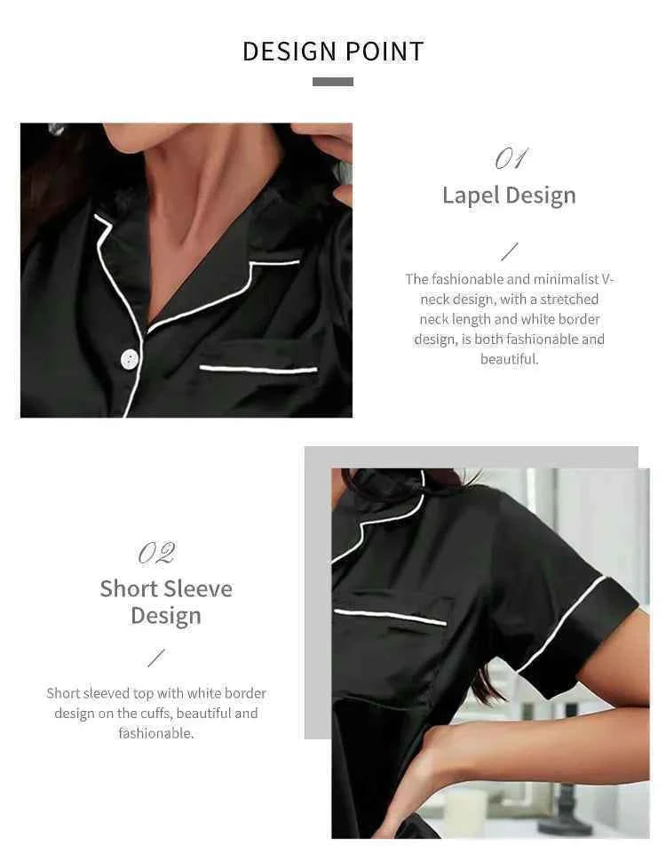 Summer Silk Satin Women Pajamas Set Button Down Top & Shorts 2 Pieces Sleepwear Notched Collar Nightwear Loungewear for Women