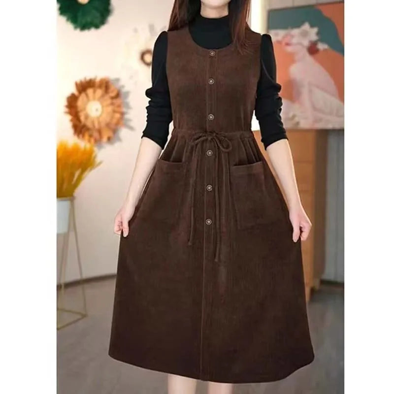 2024 Winter Fake Two piece Corduroy Dress Stylish Women's Dress Draw pleats Slim Waist Dress Women's Retro Knee Over Middle Long
