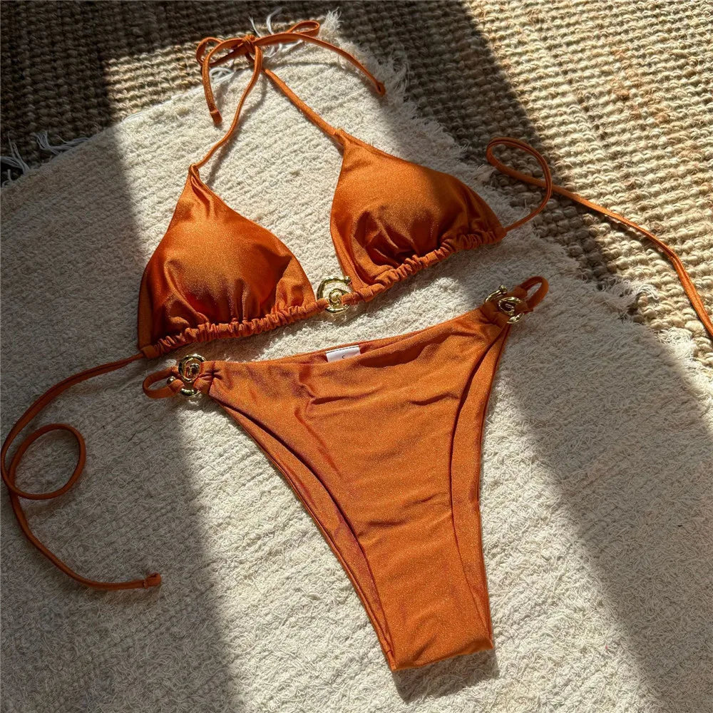 Solid Orange Swimwear Metal Ring String Halter Triangle Micro Bikini Thong Sexy Swimsuit Women 2026 Bathing Suit Bikinis Sets