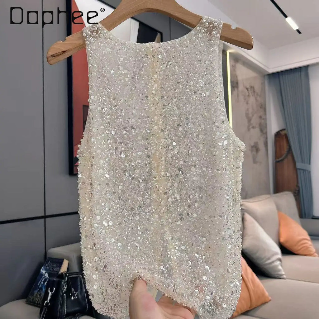 2025 Spring Summer New Light Luxury Fashion Versatile Beaded Sequined Sleeveless Vest Top Women Loose Casual Fashion Sexy Top