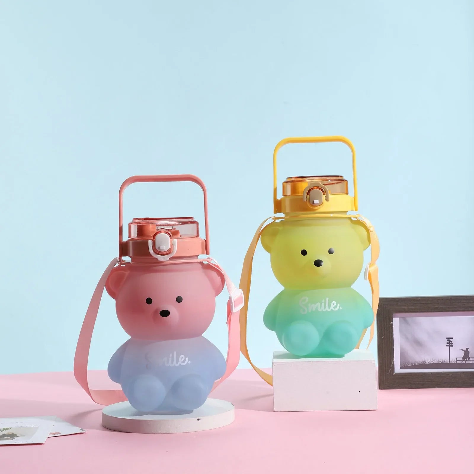 Bear Water Bottle 800ml Cute Kawaii Teddy Bear Water Bottle with Straw & Strap Leak-Proof Drinking Cup Gift for Kids & Girls