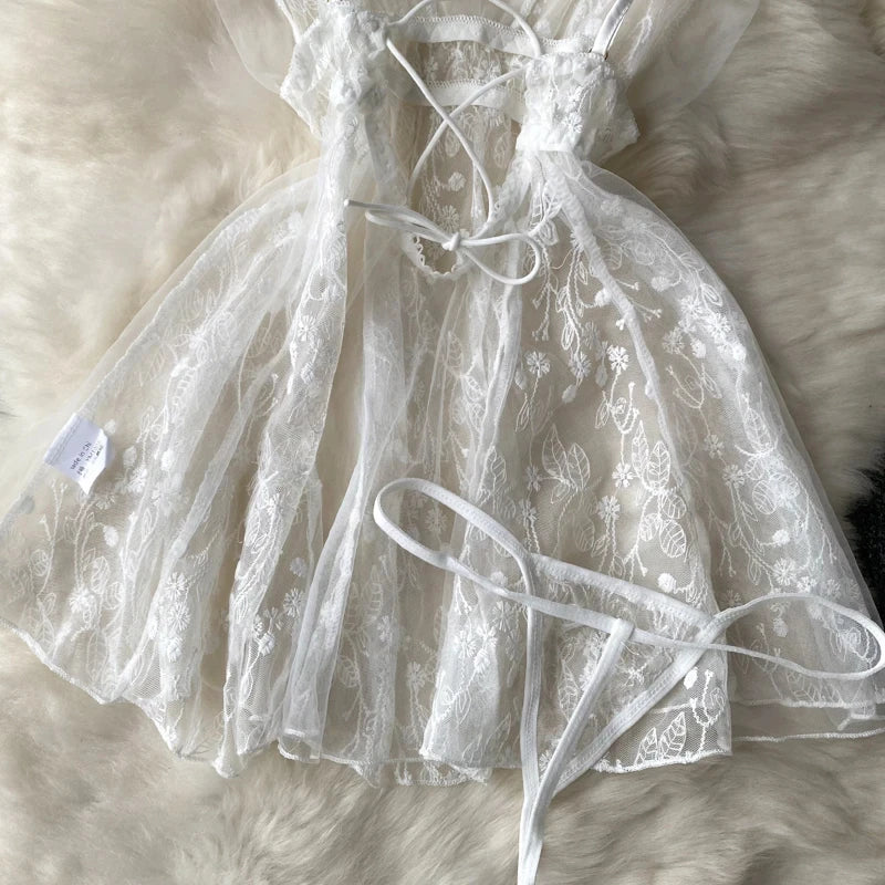 Summer Girls Sexy Hot Sweet Transparent Suspender Mini Dress Women Elastic Waist And Backless Strap Lolita Pajamas Bubble Skirt