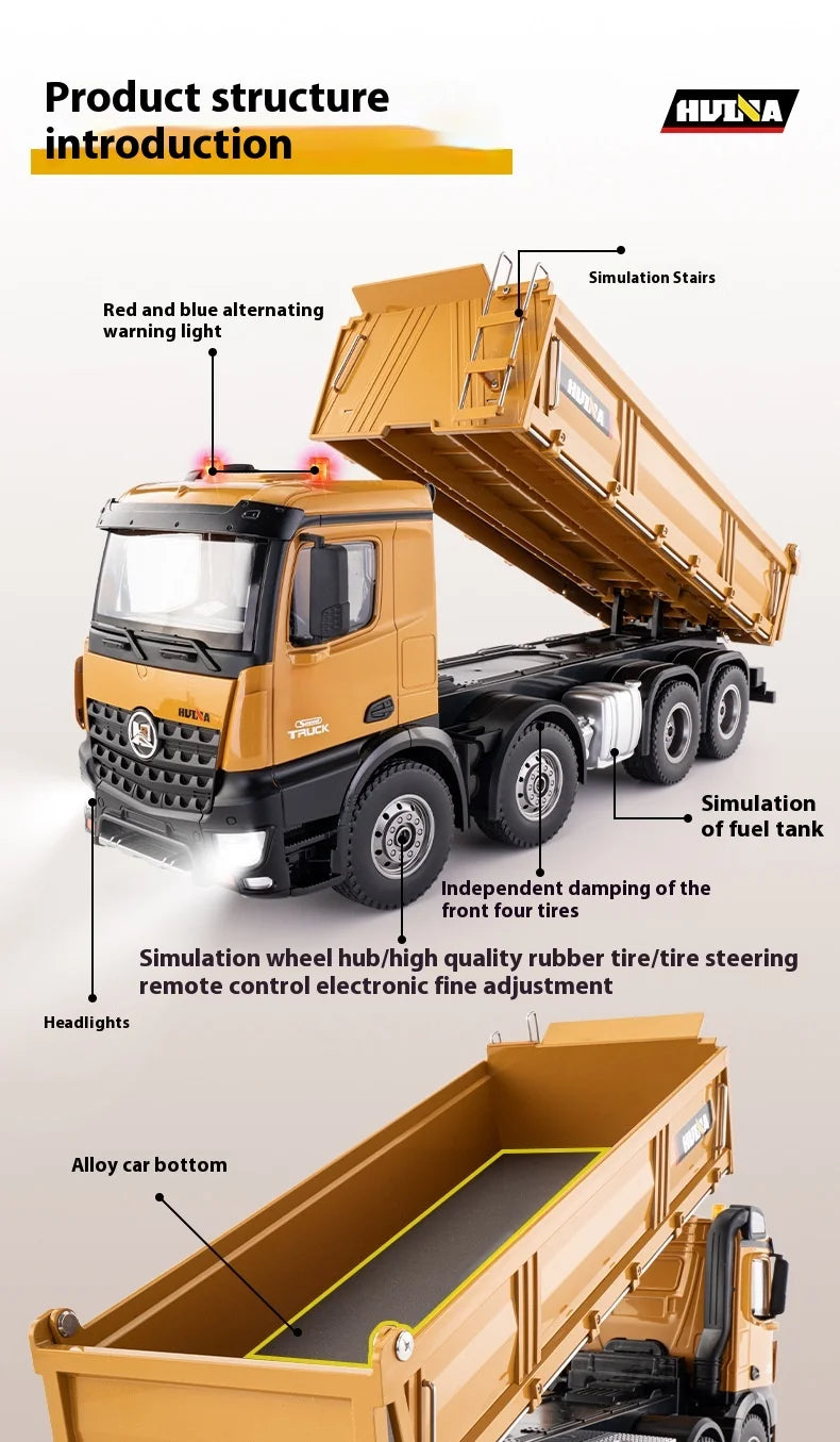 HUINA 1536 2.4G 1/14 15CH RC Metal Dump Truck Toy Die-cast Remote Control Construction Rc Truck for Boy Children Toys Xmas Gifts