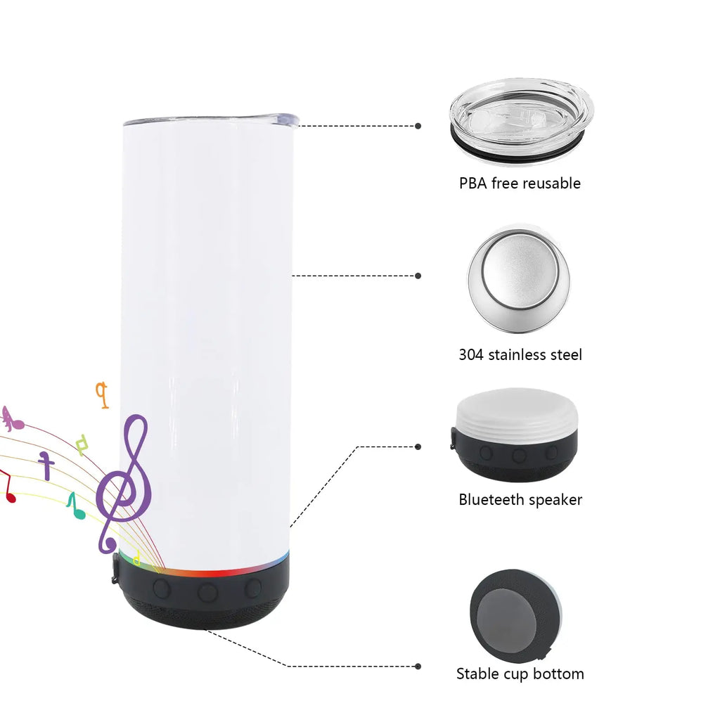 Music Speaker Tumbler with Straw and Lid 20oz Skinny Double Wall Stainless Steel Music Cup with Detachable LED Bluetooth Speaker