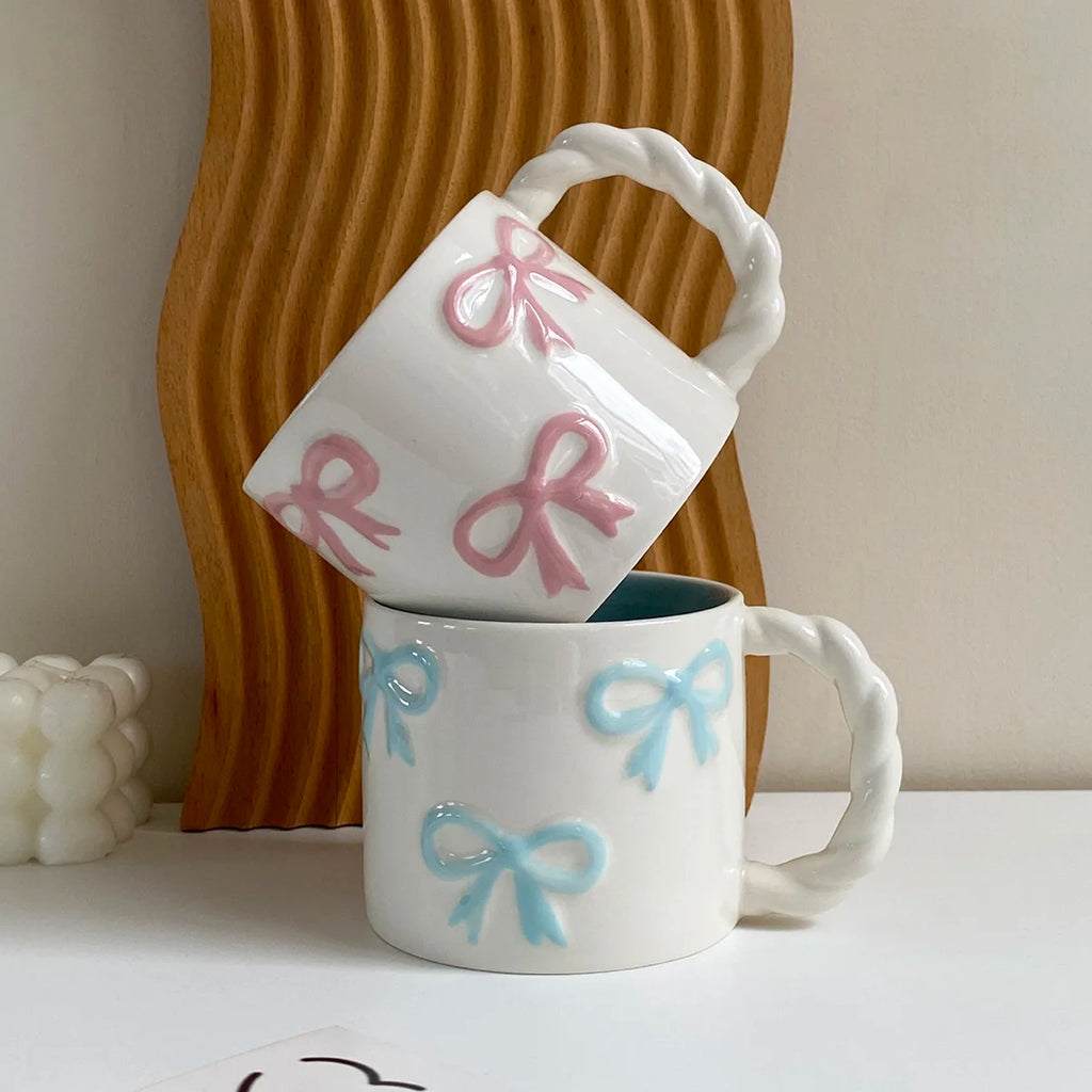 1Pc 13.4oz Pink Ceramic Mug with Bowknot, Ceramic Cup with Twisted Handle, Exquisite and Simple Pink Embossed Cup, Suitable for Latte Art in Coffee Shops, Home Decor Drinkware, Drinking Cup for Kitchen, Living Room, Bedroom,