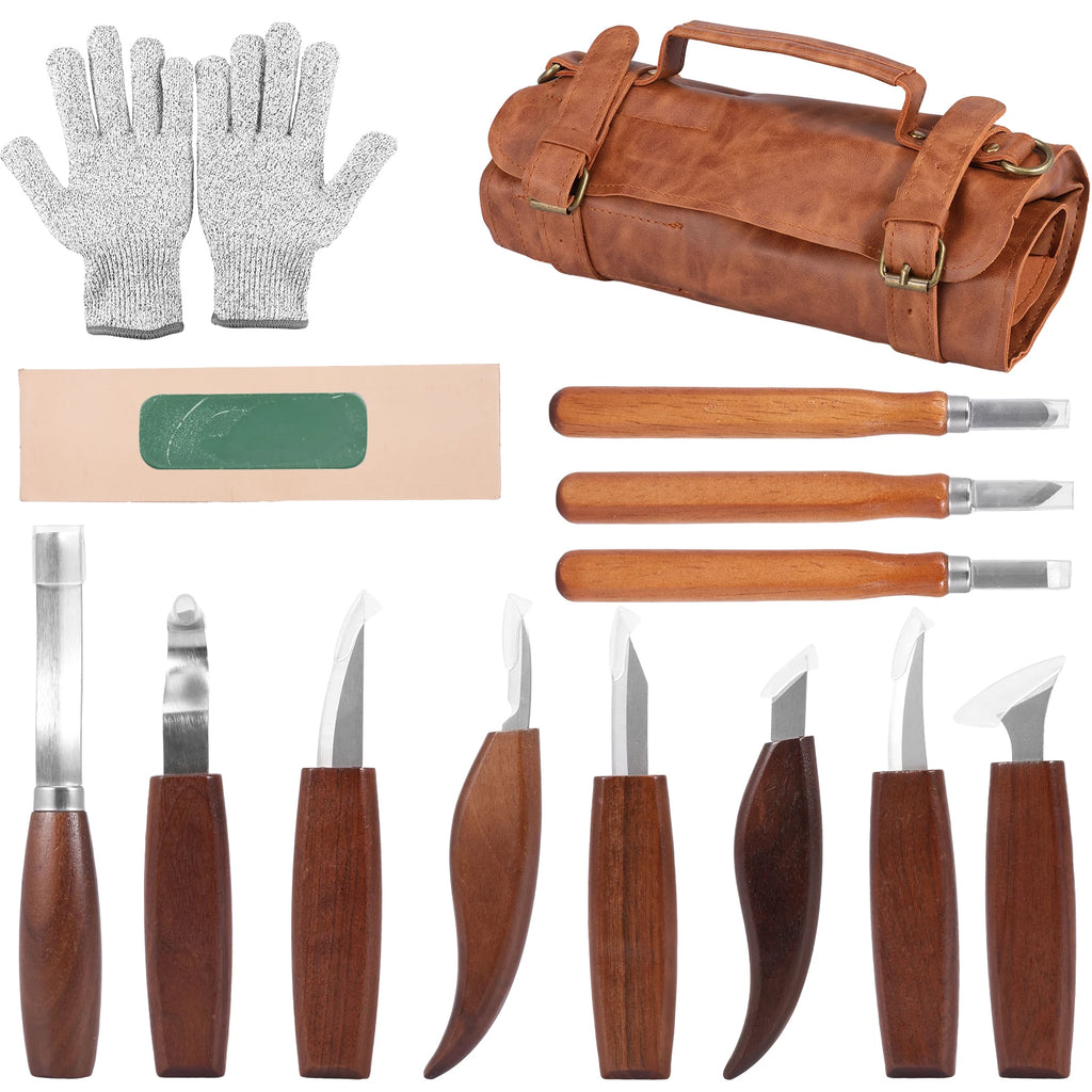 Wood Carving Tools Set with Detail Wood Carving Knife Wood Chisel Knife Gloves Carving Knife Sharpener Woodworking Tools