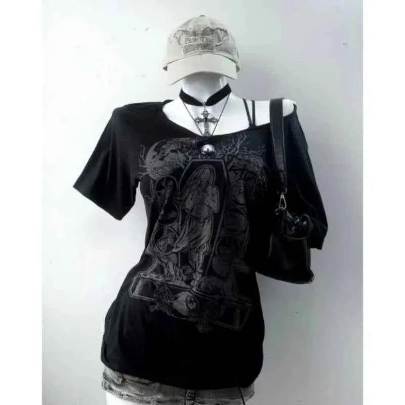 Vintage Gothic Prints Black T-Shirt Women Y2K Harajuku Fashion Punk Off-shoulder Sling Sexy Slim Summer Casual Trendy Top