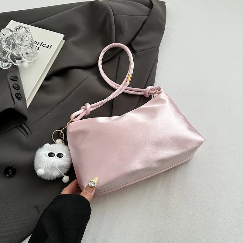 High Quality Solid Color Fashion Elegant Shoulder Bag Smooth Cloth Satin Underarm Bag Leisure Shoulder Bag Lady Handbags Purse