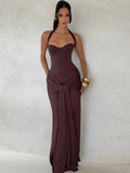 Sexy Backless Lace Up Halter Neck Maxi Dress Women Sleeveless Ruched Waist Draped Bodycon Dresses Party Evening Cocktail Robes
