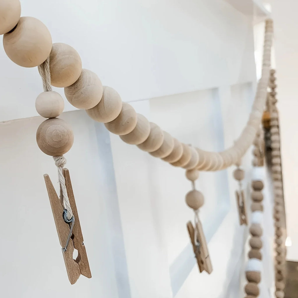 Boho Original Wood Hanging Photo Display Clip Wooden Bead Garland Wall Hanging Bedroom Living Room Dorm Party Home Decor Gifts