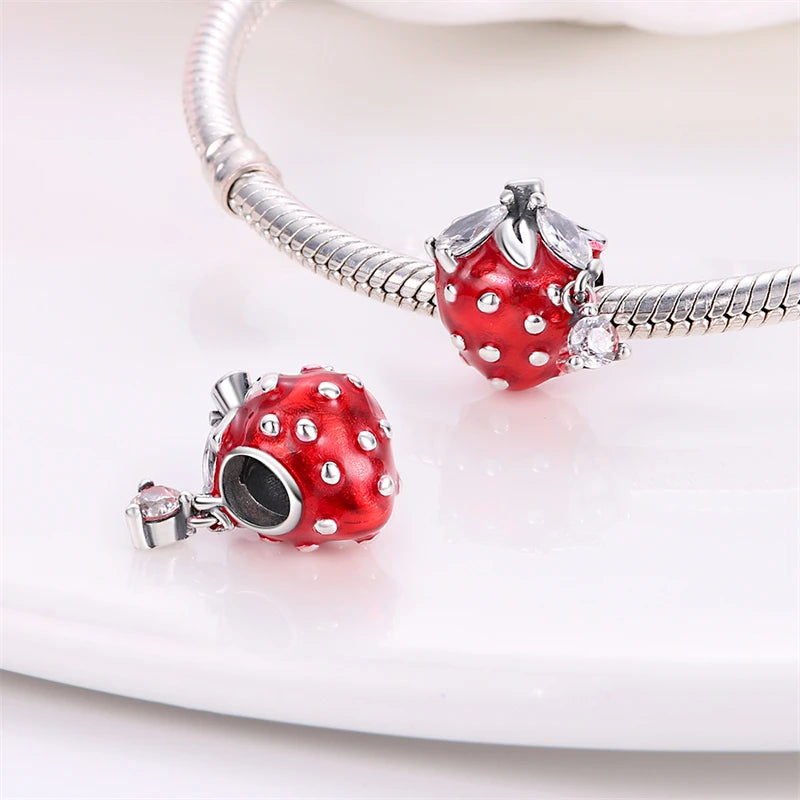 New 925 Silver Color Strawberry Cherry Fruit Series Charms Beads Fit 3mm 925 Original Bracelets DIY Birthday Jewelry Gifts