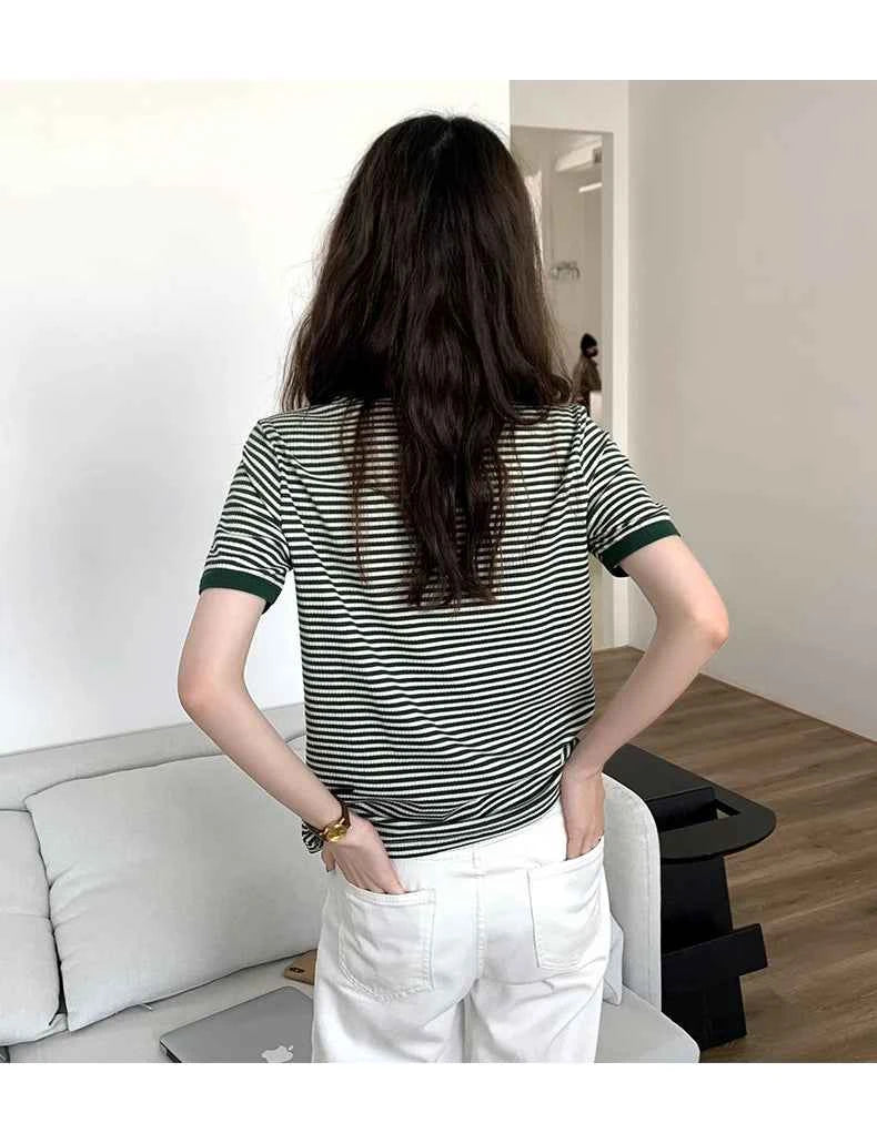 Striped Short Sleeve T-shirt Women's Summer New Korean Version Loose Retro Contrast Slim Round Neck Top Women's Fashion Casual