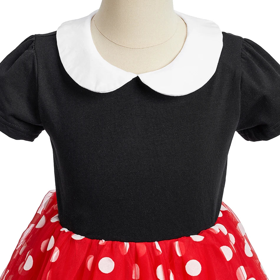 Children Casual Clothes Summer Short Sleeve Dots Girls Dress Kids Peter Pan Collar Cute Birthday Costume with Mouse Ear Headband