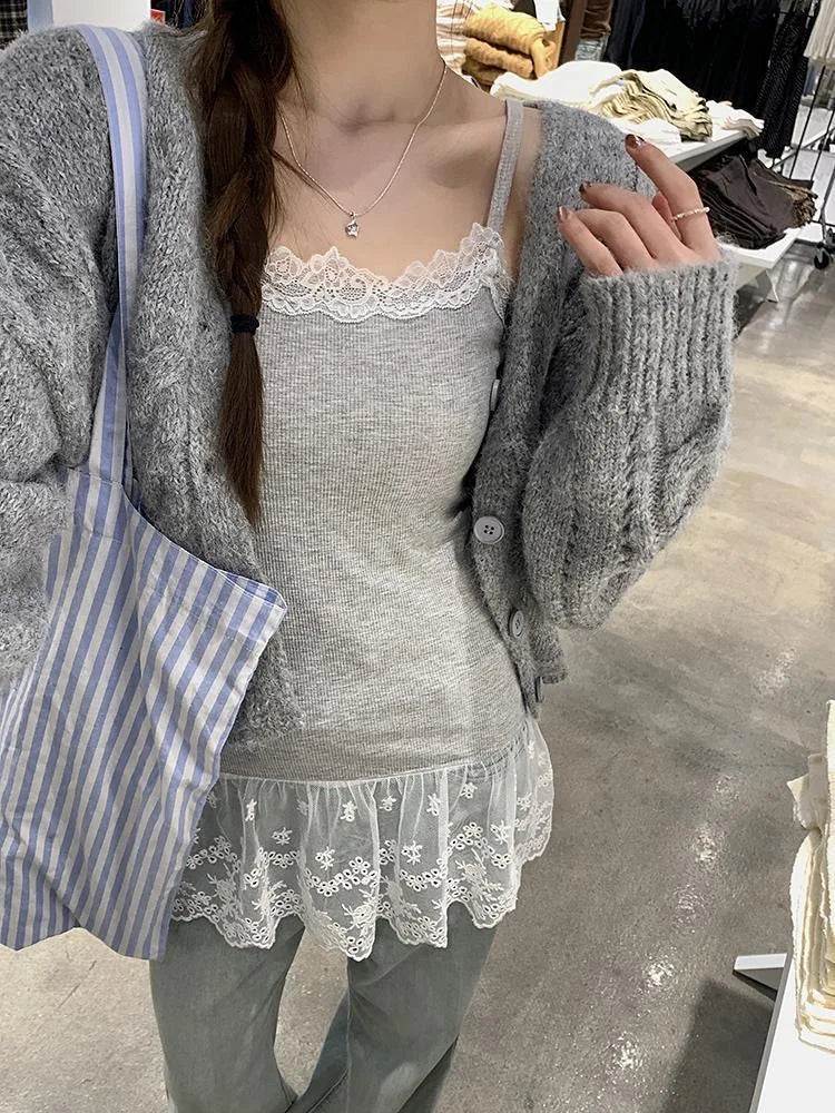 Lace Undershirt Ruffle Patchwork Hem Cami 2025 Sexy Top Women's Long Sleeveless T-Shirt Camisole Y2K Korean Gray Cotton Camis