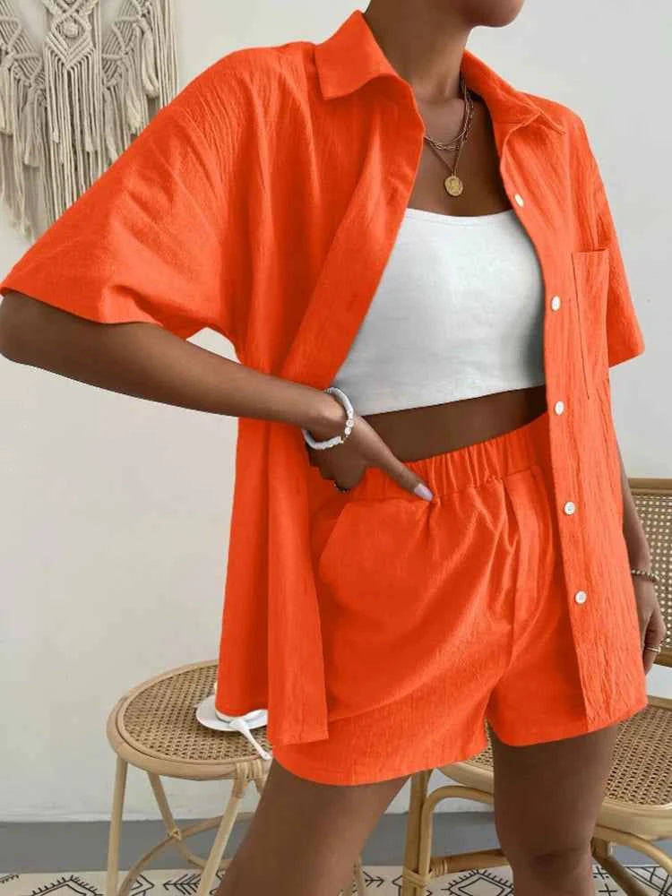 Women's Cotton Suit  Short Sleeve Casual Elegant Green Soild Two Piece Set Women Outfit Suit Shorts and Shirt for Women