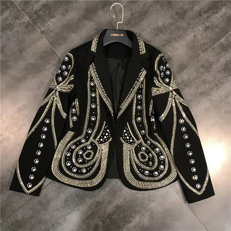 DEAT 2024 New autumn Turn-down Collar Full Sleeves Metal Beaded No Buttons Short jackets Female Single Suit WF18501L Black