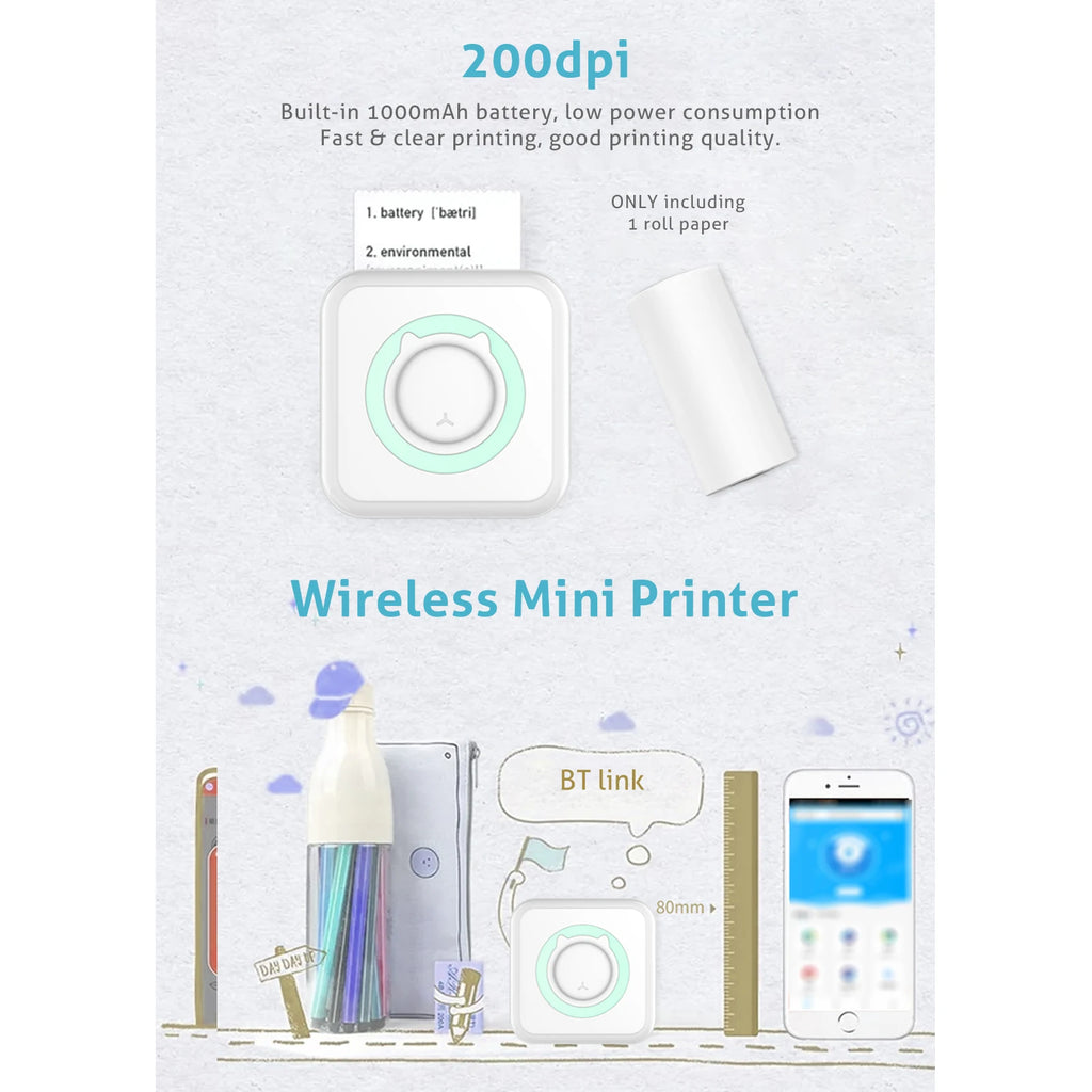 Portable Mini Thermal Printer Wirelessly BT 203dpi Photo Label Memo Wrong Question Printing With USB Cable Imprimante Portable