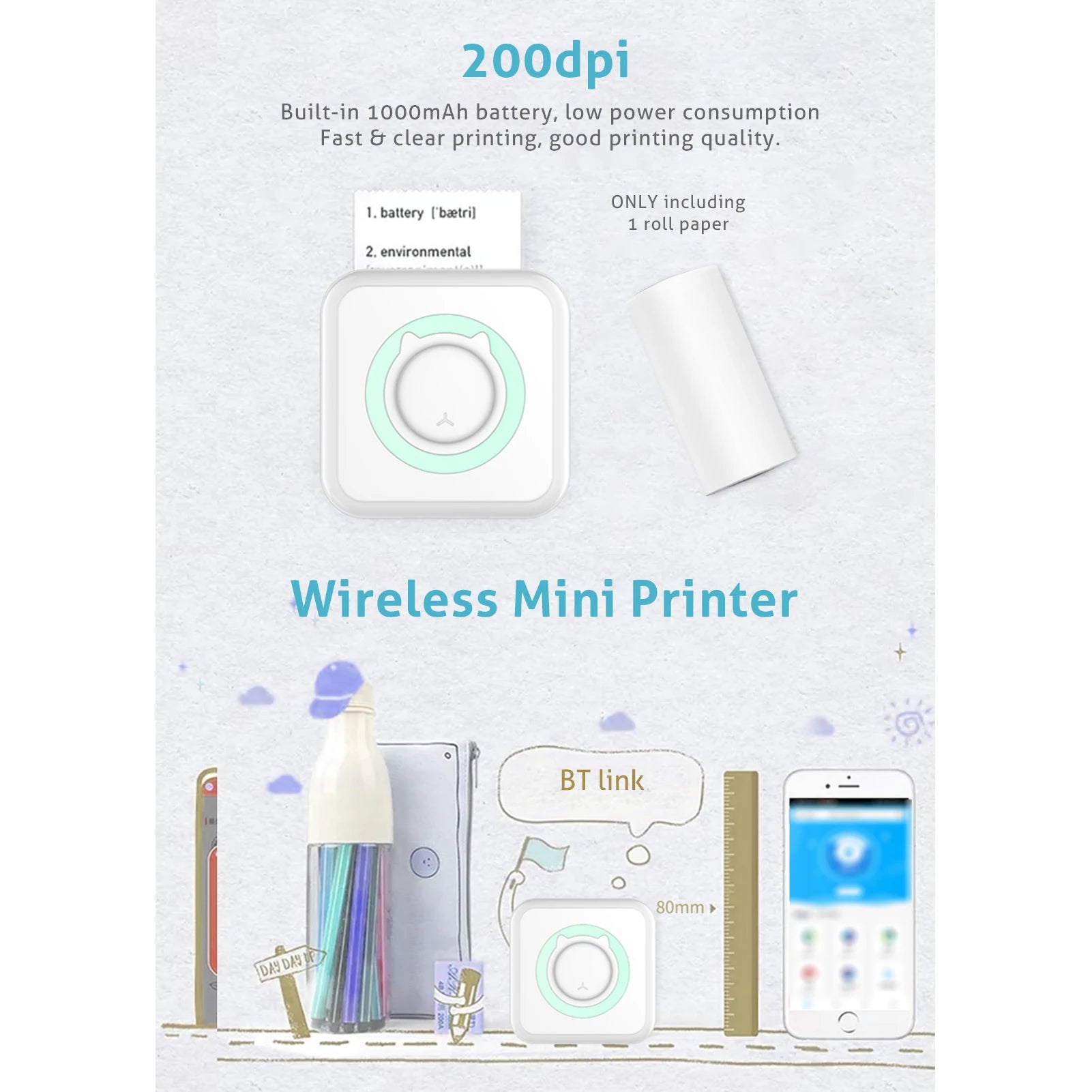 Portable Mini Thermal Printer Wirelessly BT 203dpi Photo Label Memo Wrong Question Printing With USB Cable Imprimante Portable