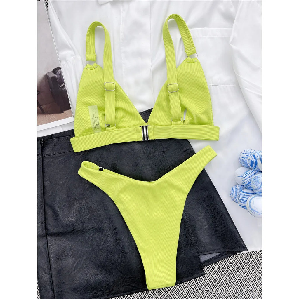 Sexy High Leg Cut Ribbed Bikini Women Swimwear Female Swimsuit Two-pieces Bikini set Padded Bather Bathing Suit Swim Lady V3255