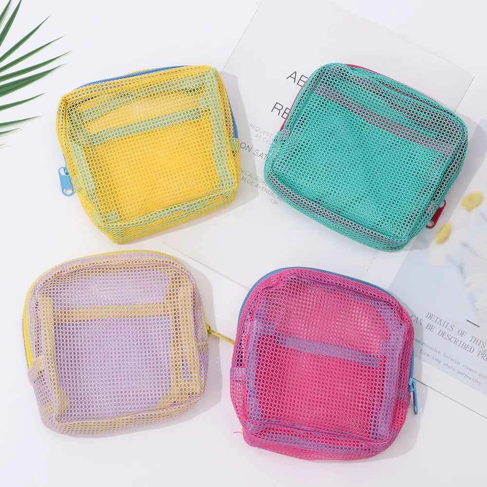 Mesh Cosmetic Bags Cute Women Small Lipstick Makeup Storage Pouch Data Line Key Earphone Organizer Case Square Toiletry Bag