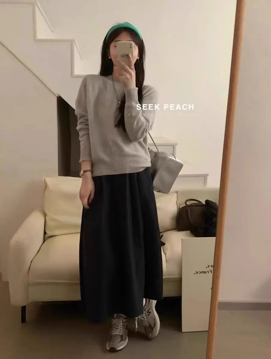 100% pure cashmere sweater women's round neck pullover long sleeve sweater loose short soft waxy knit bottom sweater
