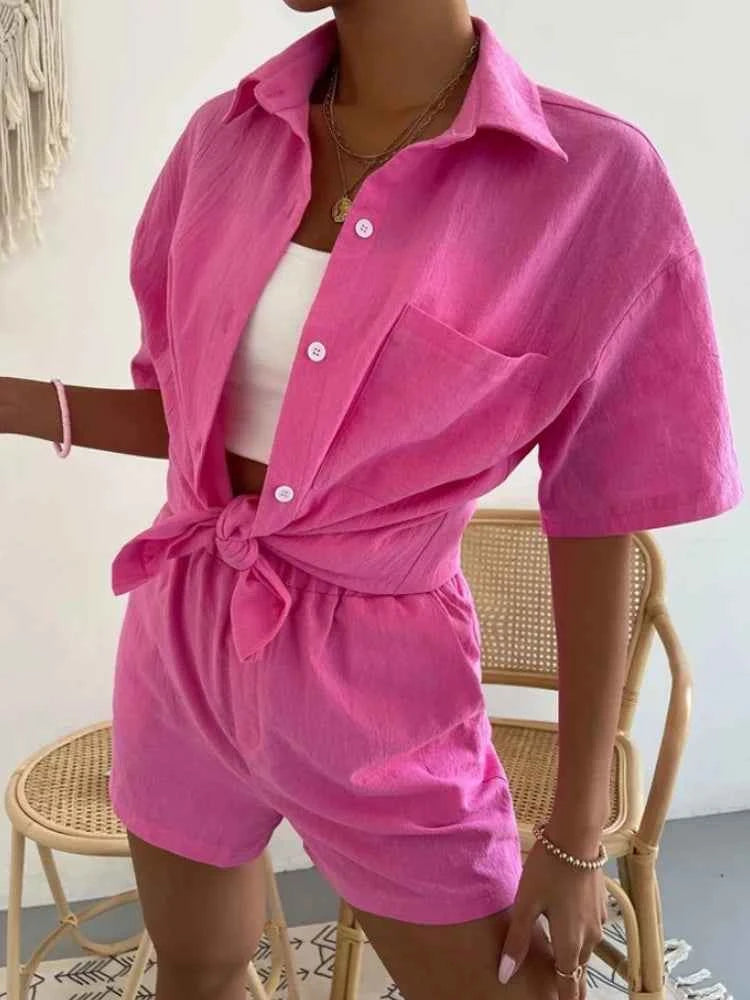 Women's Cotton Suit  Short Sleeve Casual Elegant Green Soild Two Piece Set Women Outfit Suit Shorts and Shirt for Women