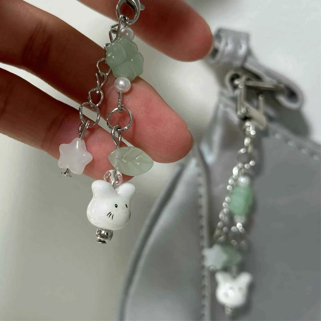 Handmade Four Leaf Clover Beaded Phone Charm Y2K Cute Ceramics Cat Backpack Keychain Bag Key Ring for Girls Christmas Gift