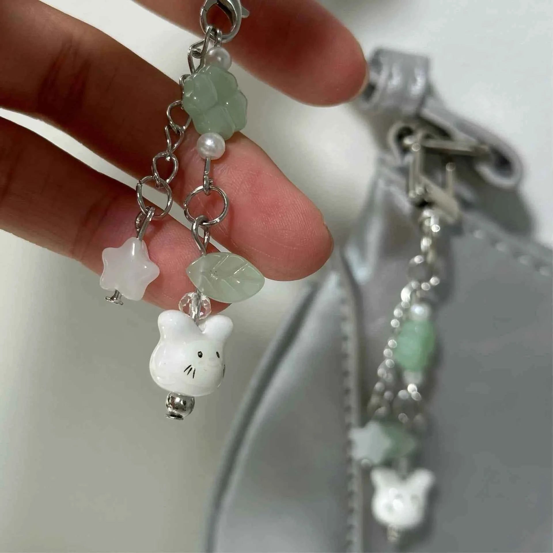 Handmade Four Leaf Clover Beaded Phone Charm Y2K Cute Ceramics Cat Backpack Keychain Bag Key Ring for Girls Christmas Gift
