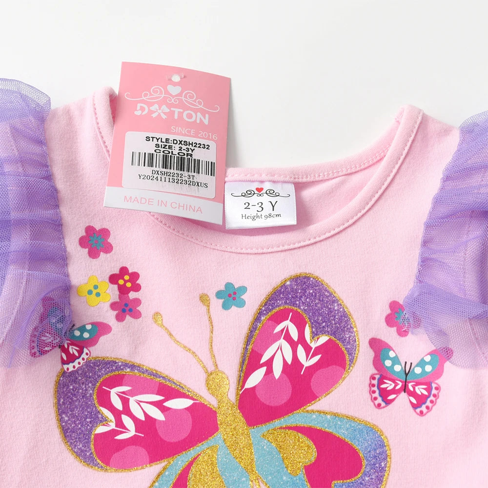 DXTON Ruffles Sleeveless Princess Dresses Mesh Elegant Kids Dress For Girls Butterfly Floral Summer Children Holiday Clothing