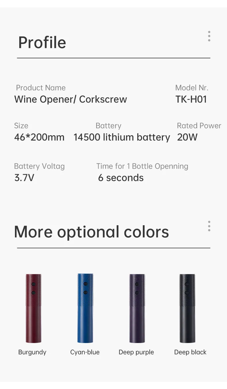 Electric Wine Bottle Opener Charged Automatic Reusable Easy Carry Red Wine Opener Gift for Waiter Women Home Kitchen Party Bar