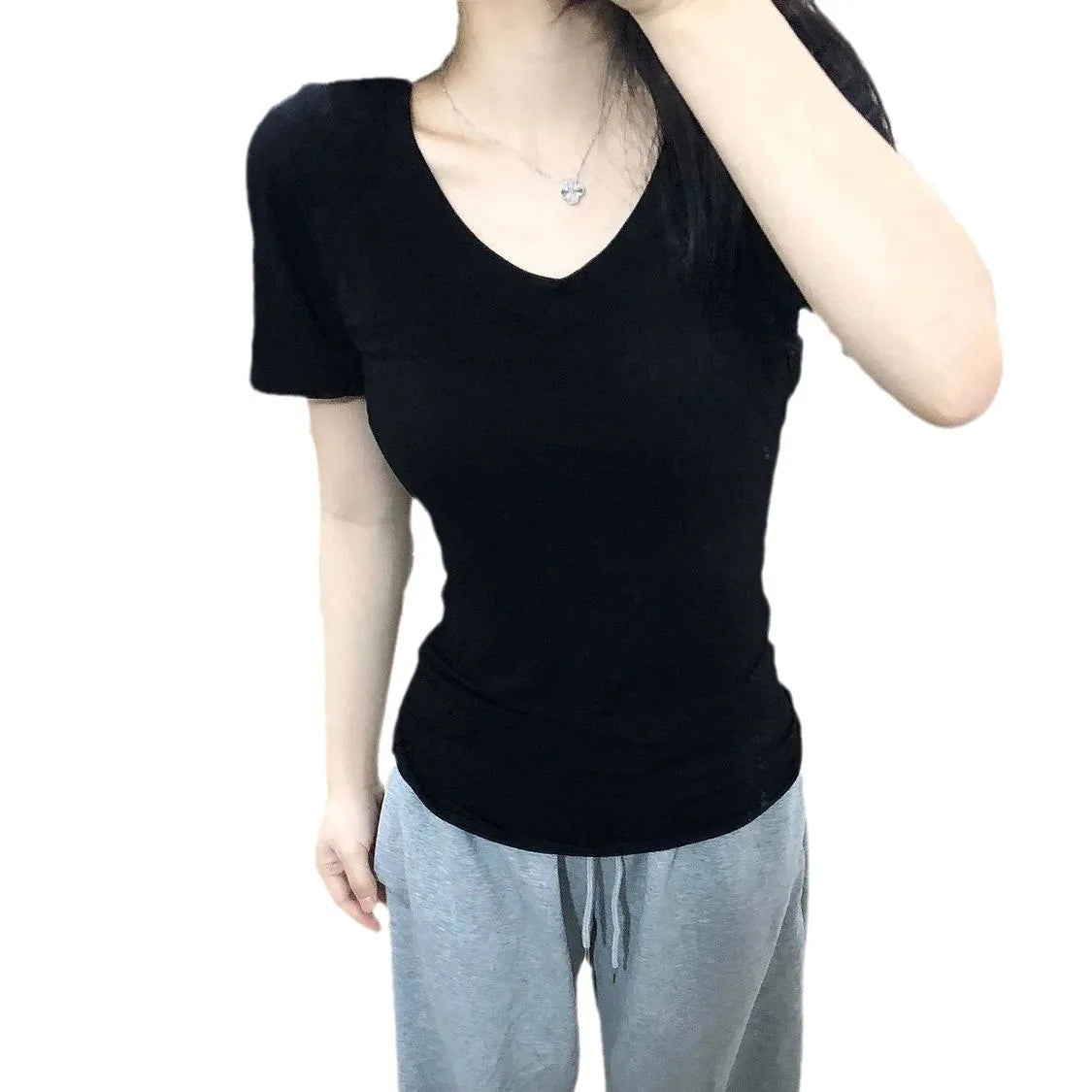 Cotton Neckline Short-sleeved Shirt for Women in Summer Basic Style Versatile Slim Fit and Sexy Top Trendy